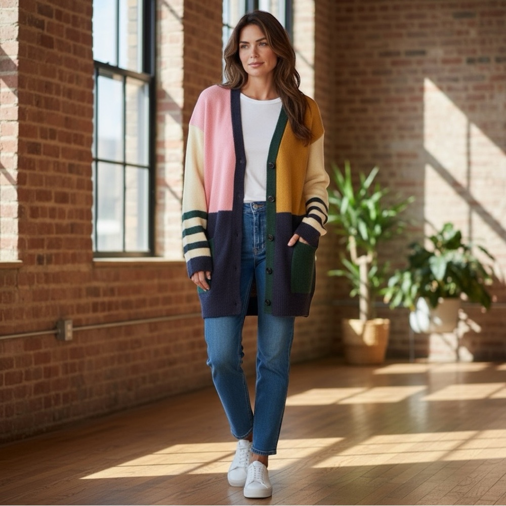 HEM & THREAD Beautiful color block button front cardigan S M L